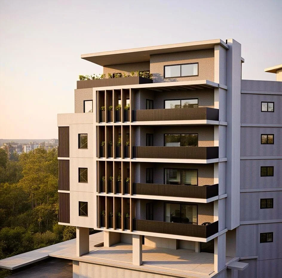 Chalandri · Architectural visualisation of a multistorey residential building in warm evening light.