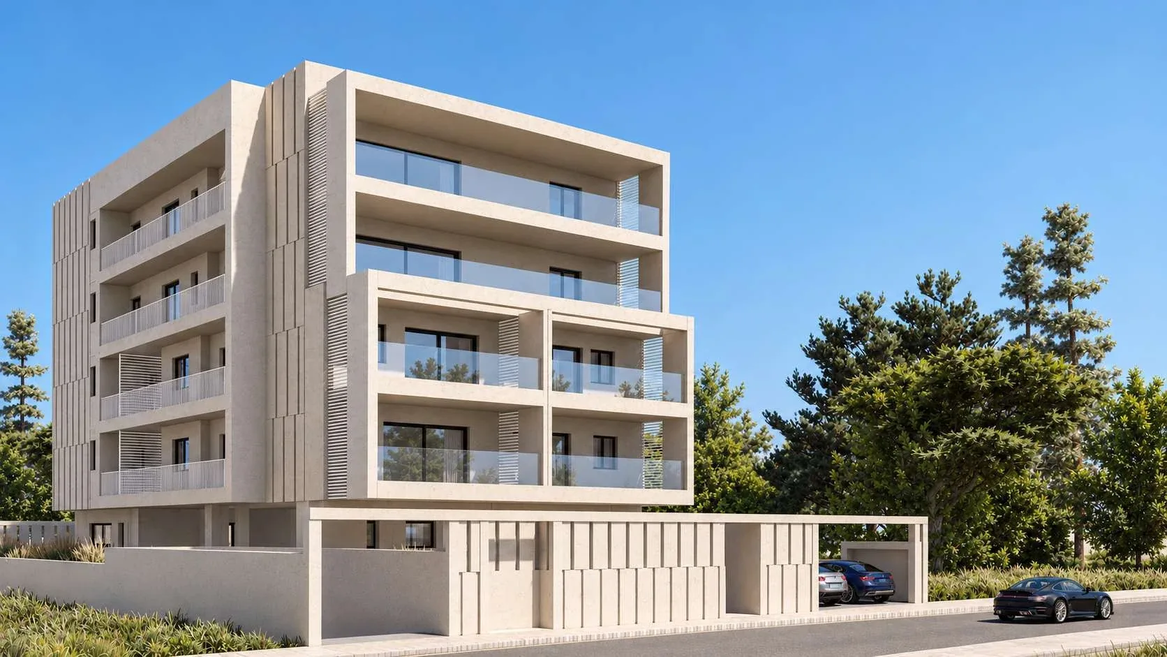 Vrilissia · Concept visualisation · street-level three-quarter facade view. · DNE Architects