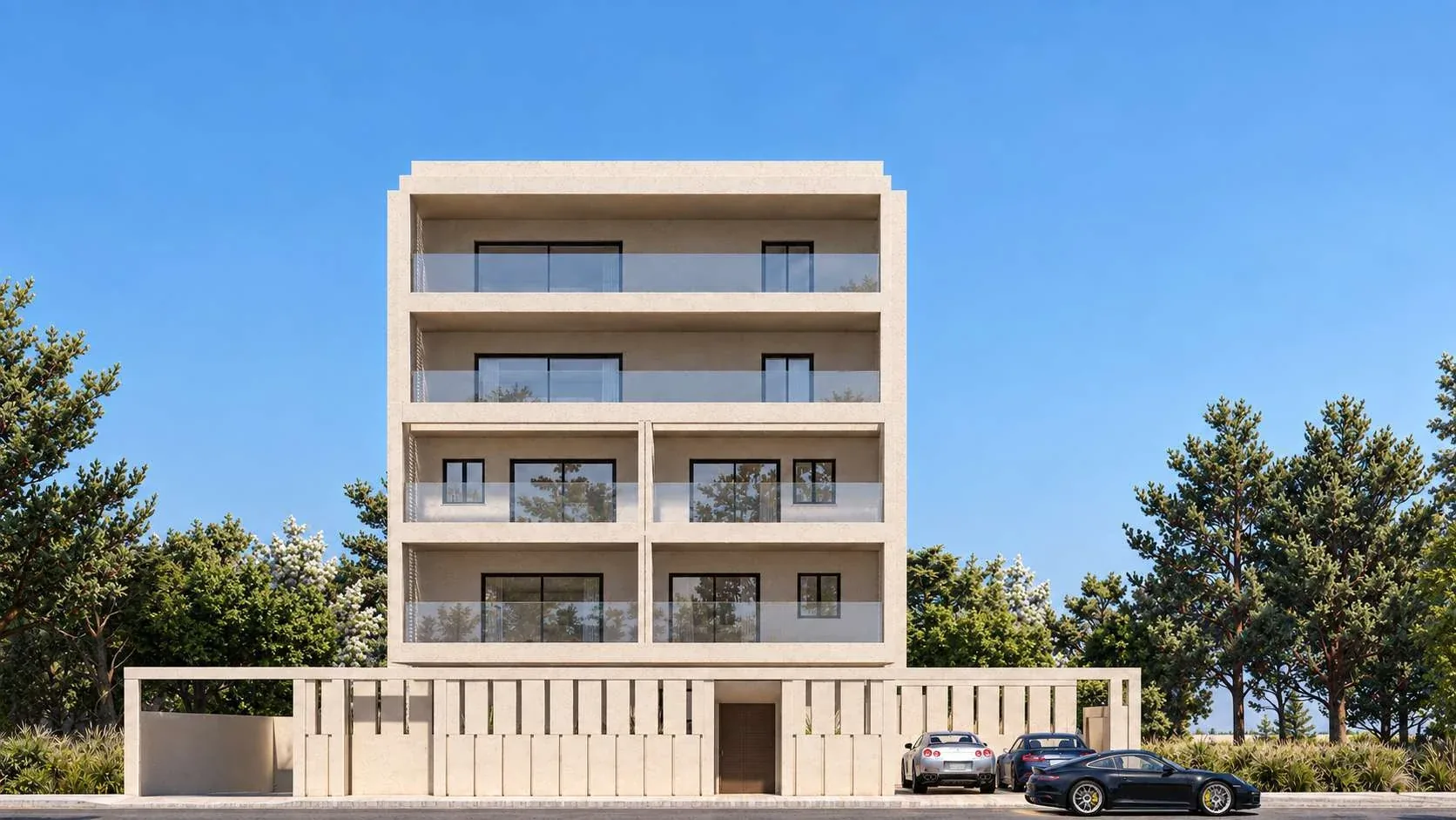 Vrilissia · Concept visualisation · front elevation with recessed balconies. · DNE Architects
