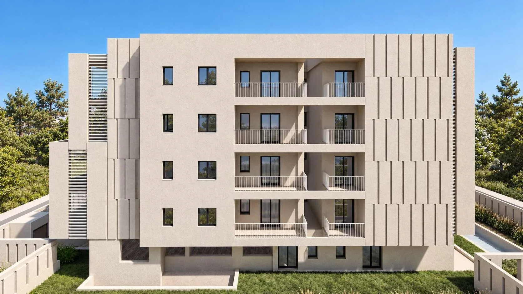 Vrilissia · Concept visualisation · rear elevation with balconies and landscape. · DNE Architects