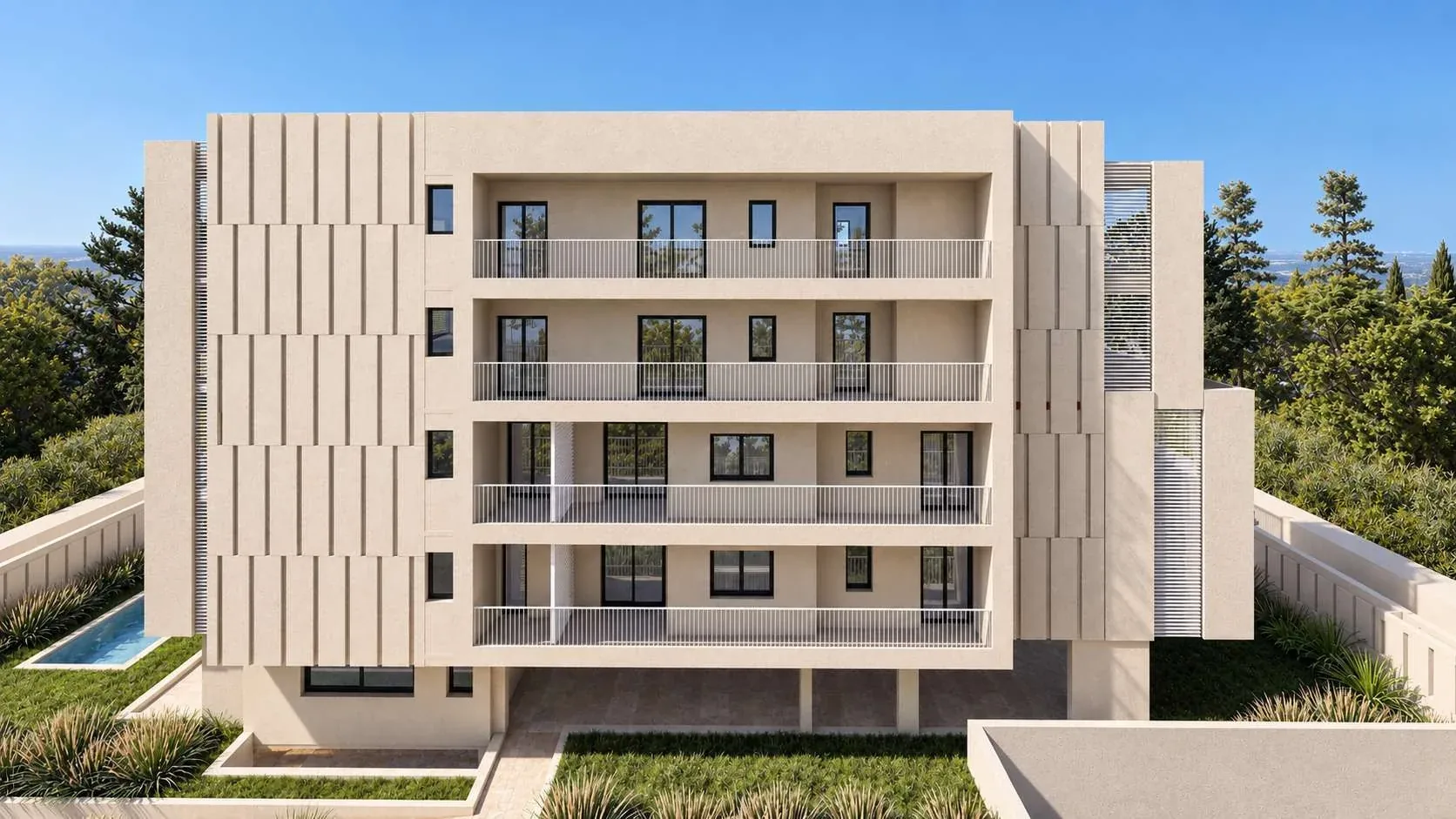 Vrilissia · Concept visualisation · opposite rear elevation with balconies and landscape. · DNE Architects