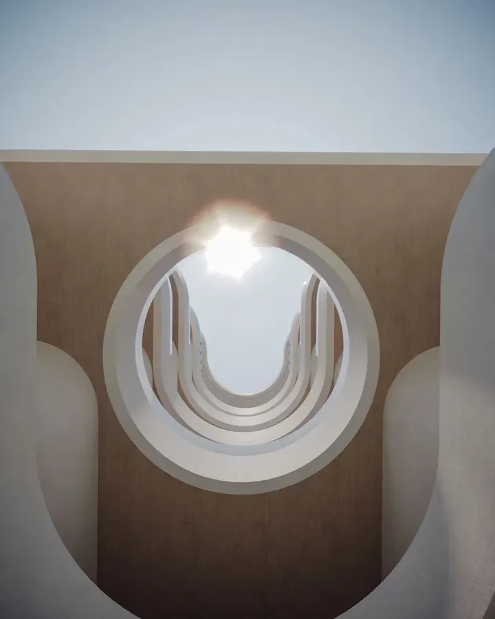 Αρχιτεκτονική απεικόνιση · Άποψη προς τον ουρανό μέσα από στρογγυλεμένο άνοιγμα ανάμεσα σε καμπύλα μπαλκόνια